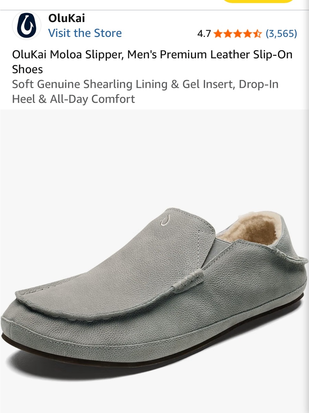 OluKai Moloa Men's Slip-On Loafer in Light Gray with Shearling
